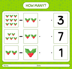 Obraz premium How many counting game with holly berry. worksheet for preschool kids, kids activity sheet