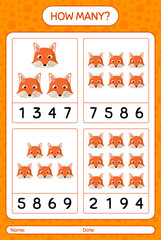 Fototapeta premium How many counting game with red fox. worksheet for preschool kids, kids activity sheet
