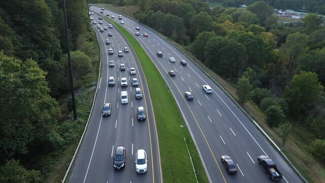 Evening commute with traffic on the Don Valley Parkway. Wide angle. Toronto.
