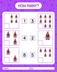 How many counting game with gnome. worksheet for preschool kids, kids activity sheet