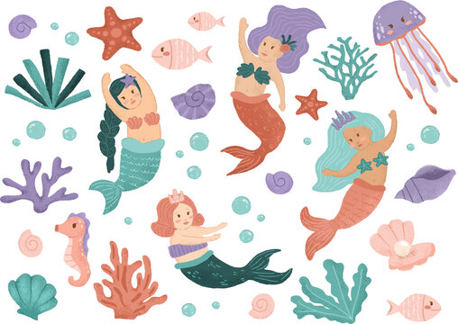 Sea Mermaid Illustration sticker collection for fabric, linen, textiles wallpaper