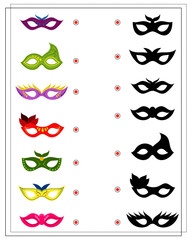 children's logic game find the right shadow. Masquerade masks. Vector