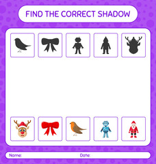 Find the correct shadows game with christmas icon. worksheet for preschool kids, kids activity sheet