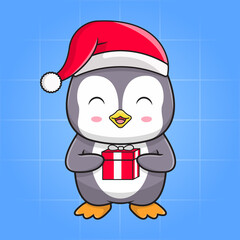 cute penguin with santa hat with holding gift christmas vector kawaii illustration