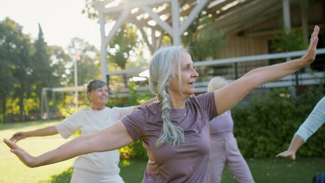 Senior women friends doing exercise outdoors in park.