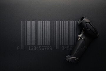 Barcode concept. Retail label barcode scan. Reader laser scanner for warehouse on black background....