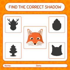 Find the correct shadows game with red fox. worksheet for preschool kids, kids activity sheet