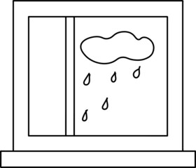 window drawn in black and white outline. sunny and rainy weather outside the window. vector illustration.
