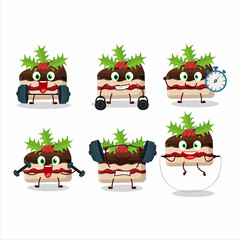 A healthy slice of pudding cake christmas cartoon style trying some tools on Fitness center