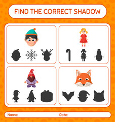 Fototapeta premium Find the correct shadows game with christmas icon. worksheet for preschool kids, kids activity sheet