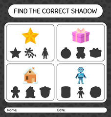 Find the correct shadows game with christmas icon. worksheet for preschool kids, kids activity sheet