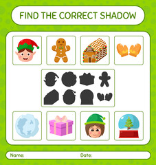 Find the correct shadows game with christmas icon. worksheet for preschool kids, kids activity sheet
