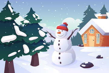 Hand drawn flat winter background with tree and snowman