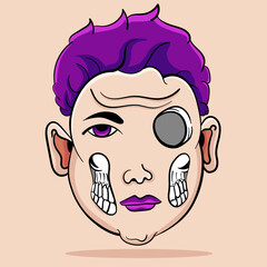 purple boy and skull face character cartoon illustration vector editable for decoration or sticker