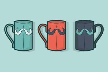 Illustration of a glass with a mustache motif in three color variants on a light blue background