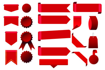 Set of red blank ribbons tags badges and labels
