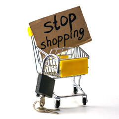 the concept of refusing to buy a reasonable consumption shopping cart with a padlock and a sign saying stop shopping on a white background