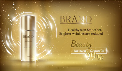 Cosmetic ads template, Realistic Cosmetic bottle. Container for skin care product, serum and other cosmetics bottle mockup on dazzling background. Golden foil and bokeh elements. 3D illustration.