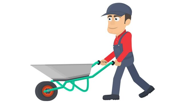 Gardener. Animation of a worker with a garden wheelbarrow, alpha channel is turned on. Cartoon