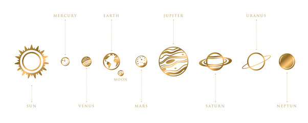 solar system planets. Astronomical observatory small planet pluto, venus mercury earth moon neptune uranus meteor crater and star universe astronaut sign. Astronomy galaxy space vector isolated Golden