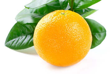 Orange fruit isolated on a white background. Fresh organic orange fruit with green leaves