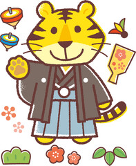 手描きタッチ＿羽織袴のトラのイラスト＿ライン有