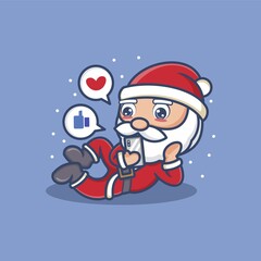 cute cartoon santa claus playing social media on mobile. vector illustration for mascot logo or sticker