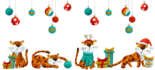Watercolor set with funny new year tigers.