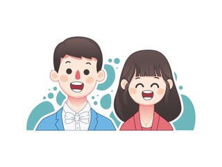 Couple Illustration. Boyfriend and girlfriend look Happy and Cute Avatar front view