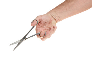 Hand holds medical scissors on a white background, template for designers.