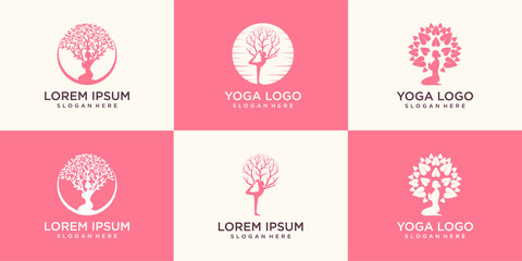Set of Yoga logo vector, a woman meditation in Natural place.