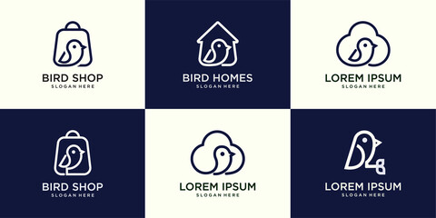 set icon bird line art logo vector,home bird, bag,cloud