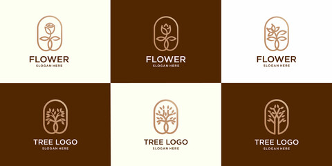 set of Vector logo design template and monogram concepts in trendy linear style - flowers, leaves and tree - signs for cosmetics and natural beauty products packaging