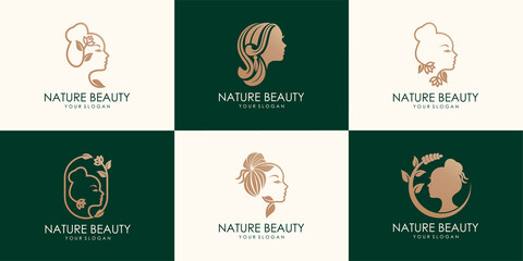Fototapeta premium set of Woman's face in flower leaves. Abstract design concept for beauty salon, massage, cosmetic and spa. Vector female logo design template