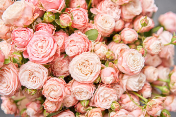 Floral carpet, flower texture, shop concept. Beautiful fresh blossoming flowers roses, spray roses. Blossom in vases and pails. Top view.