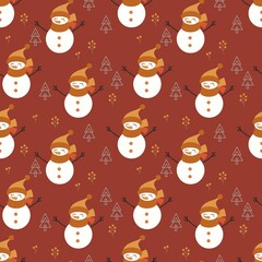 Fototapeta na wymiar Cute Christmas seamless pattern with happy snowman. Fun vector hand drawn background for winter holidays. For kids room decor, card, print, fabric, wrapping paper, wallpaper, textile, packaging.