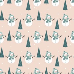 Seamless vector pattern with cute snowman. Christmas theme hand drawn texture. Funny winter background for kids room decor, card, print, fabric, wrapping paper, wallpaper, textile, packaging.