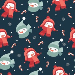 Seamless vector pattern with cute hand drawn snowmen. Funny cartoon illustration. Christmas background for kids room decor, nursery art, print, fabric, wallpaper, wrapping paper, textile, packaging.