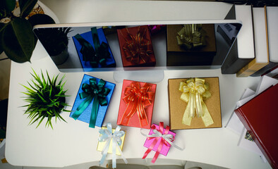 Preparing Christmas boxes or gift boxes on working table, Christmas Celebration at home concept+key