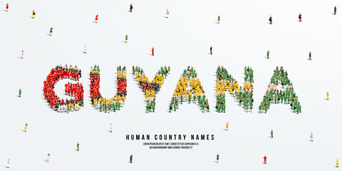 A large group of people stands, making up the word Guyana. Guyana flag made from people crowd. Vector illustration isolated on white background.