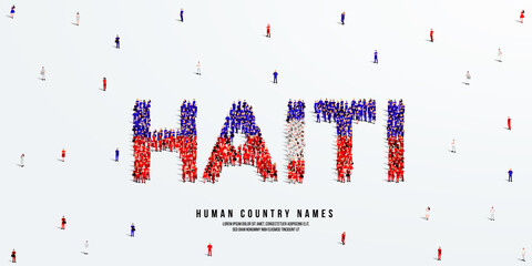 A large group of people stands, making up the word Haiti. Haiti flag made from people crowd. Vector illustration isolated on white background. - obrazy, fototapety, plakaty
