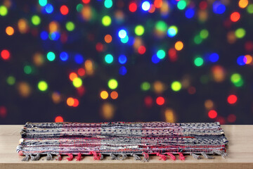 festive background, an empty table on a blurry backdrop