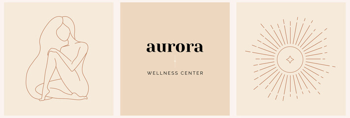 Set of logo and brand elements template illustration in simple minimal linear style in nude color. Beautiful female figure, modern feminine art © Iren Art