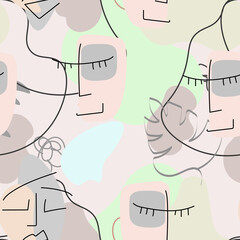 One line drawing. Abstract face seamless pattern.