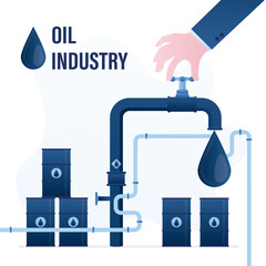 Businessman opens tap with oil product. Metal canisters with petrol or gas. Oilman turnes pipeline valve