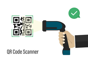 Cartoon hand hand uses qr code scanner. Wireless machine scans the code. Technology of scanning, identification. Design isolated on white background.