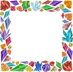 Fototapeta na wymiar Square frame made of colored crystals. A frame made of magical multicolored gemstones. Vector