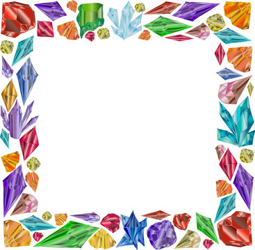 Square frame made of colored crystals. A frame made of magical multicolored gemstones. Vector