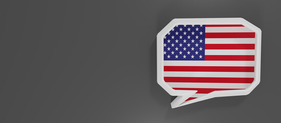USA flag talk balloon isolated on blue, banner. American english. English lessons concept.