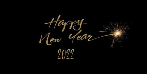 happy new year 2022 postcard with black background and golden sparkle
